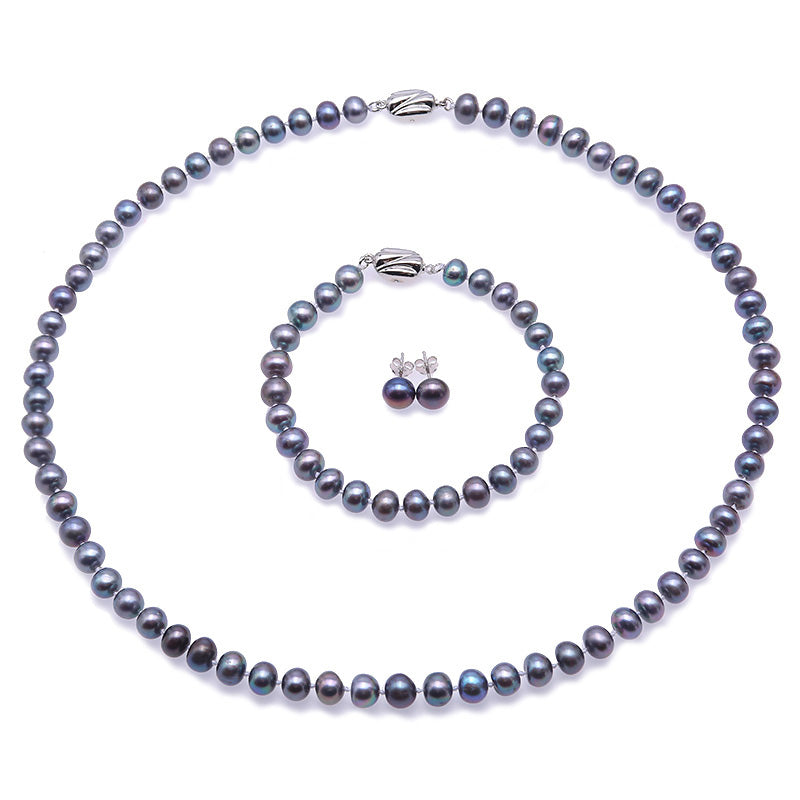 Silver 925 Jewelry Set Peacock Blue Round Pearl Necklace Sterling Silver Earring Bracelet Set (7-7.5mm)