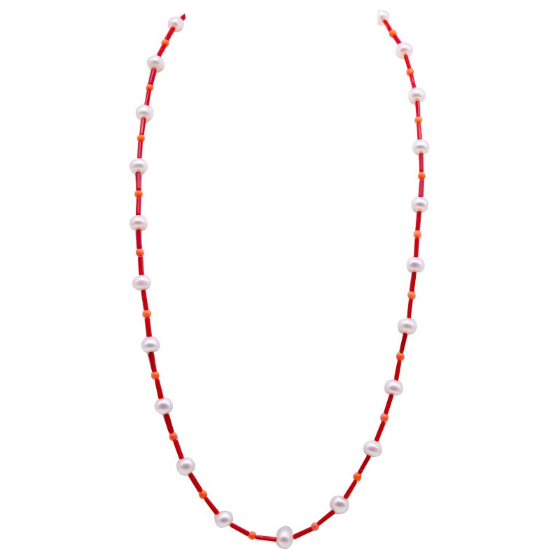 2x8mm Red Coral Necklace Stick & White Pearl Necklace