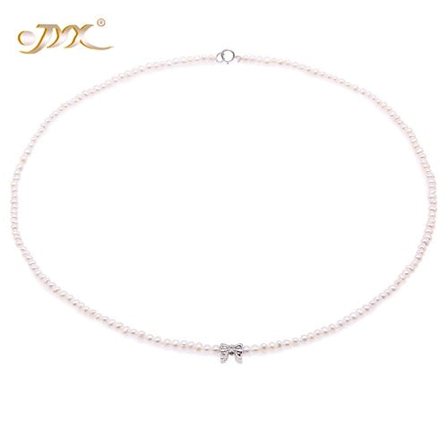 Tiny Size 3mm White Cultured Pearls Necklace Choker With Silver Pendant 16.5- Real Pearl Jewelry