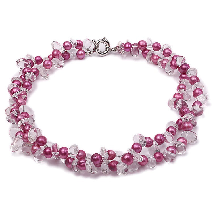 Turkish Jewelry Two-strand 9-10mm Purple Cultured Pearl and Side-drilled Rock Crystal Necklace Choker 18.5