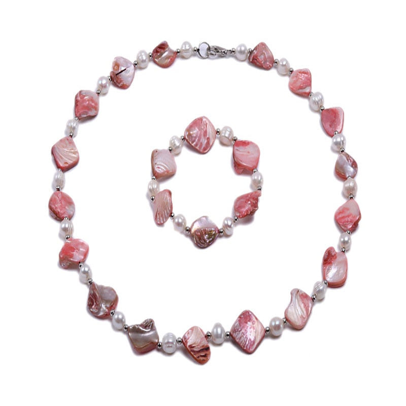 White Pearl & Pink Seashell Pieces Necklace and Bracelet Set