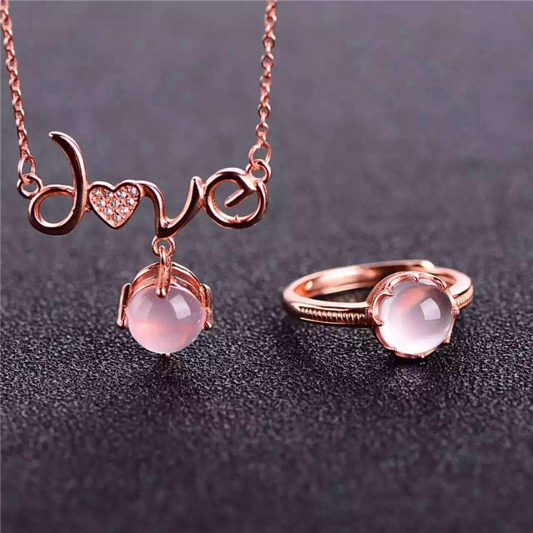 Jade   S925 silver inlaid Rose Gold Plated pure natural mineral crystal ring set suit
