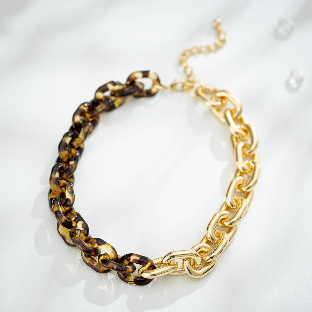 Jaeeyin 2021 Jewelry Chunky Metal Resin Link Chain Leopard Choker Gold Color Necklace s Gift For Women Lady