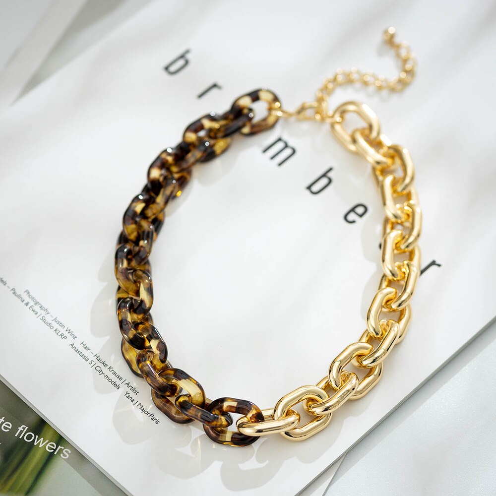 Jaeeyin 2021 Jewelry Chunky Metal Resin Link Chain Leopard Choker Gold Color Necklace s Gift For Women Lady