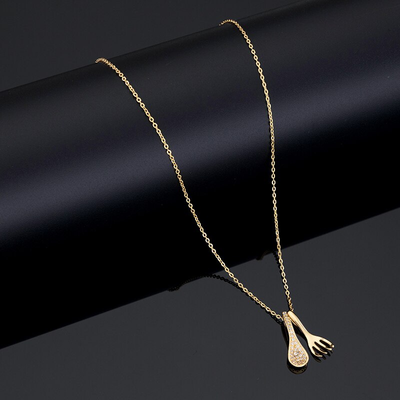 Jaeeyin 2021 s Cute Jewelry Spoon Fork Gold Color Cubic Zircon Paved Gift For Teen Clavicle Chain Necklace for Girls