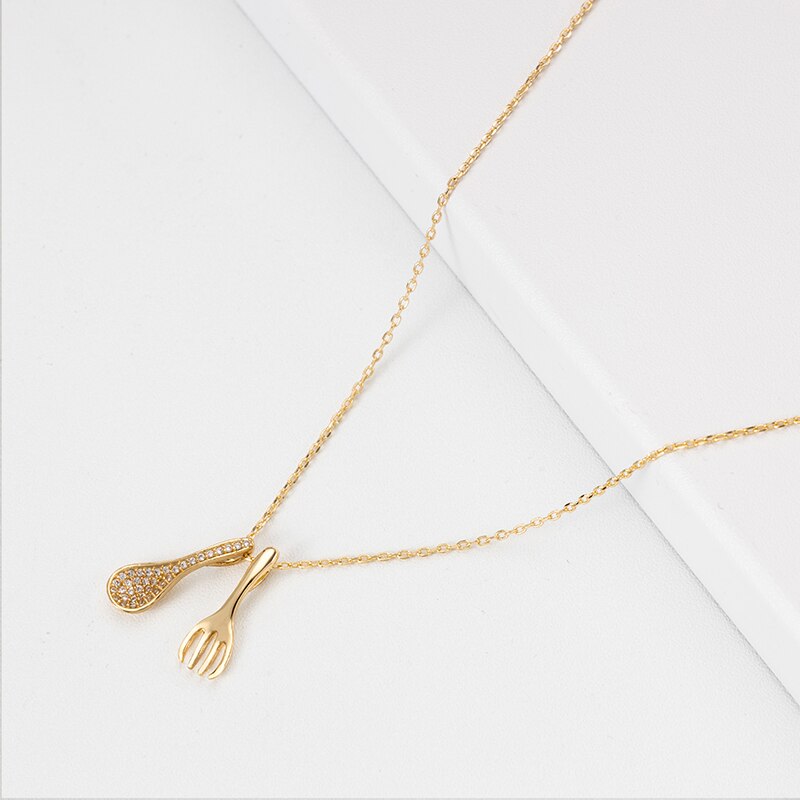 Jaeeyin 2021 s Cute Jewelry Spoon Fork Gold Color Cubic Zircon Paved Gift For Teen Clavicle Chain Necklace for Girls