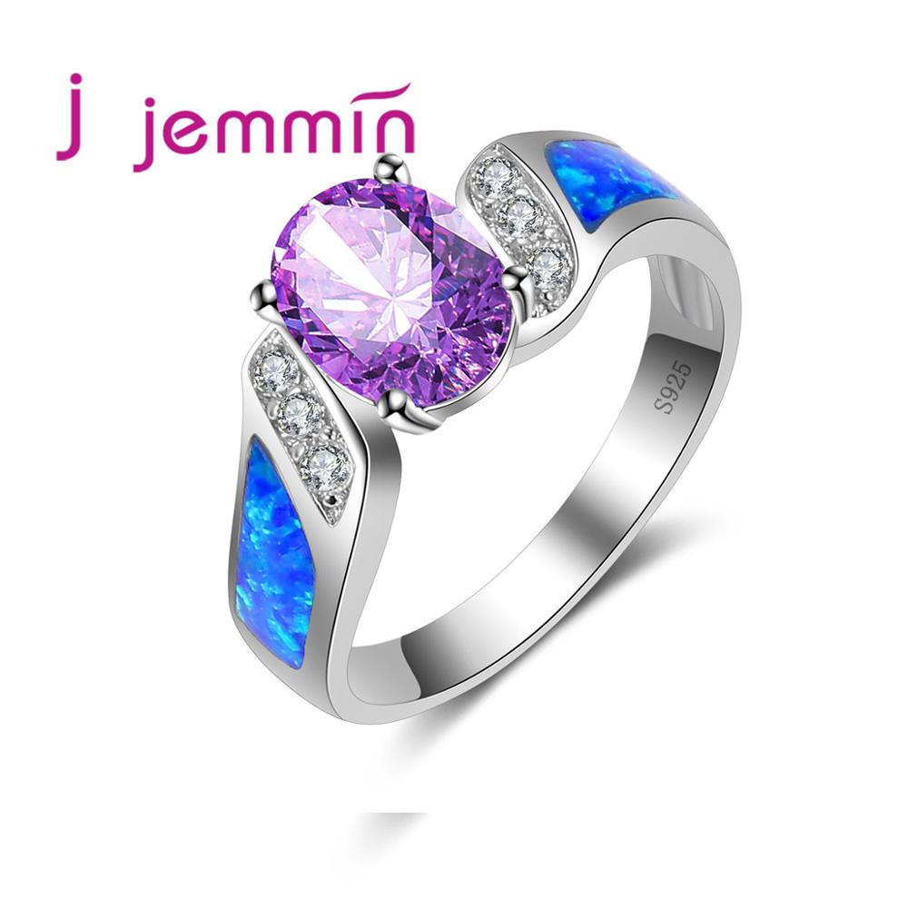 Jammin New Arrivels Purple Crystal Jewelry Irregular Six White Glass Rhinestone S925 Sterling Sliver Ring with Blue Opal Colour