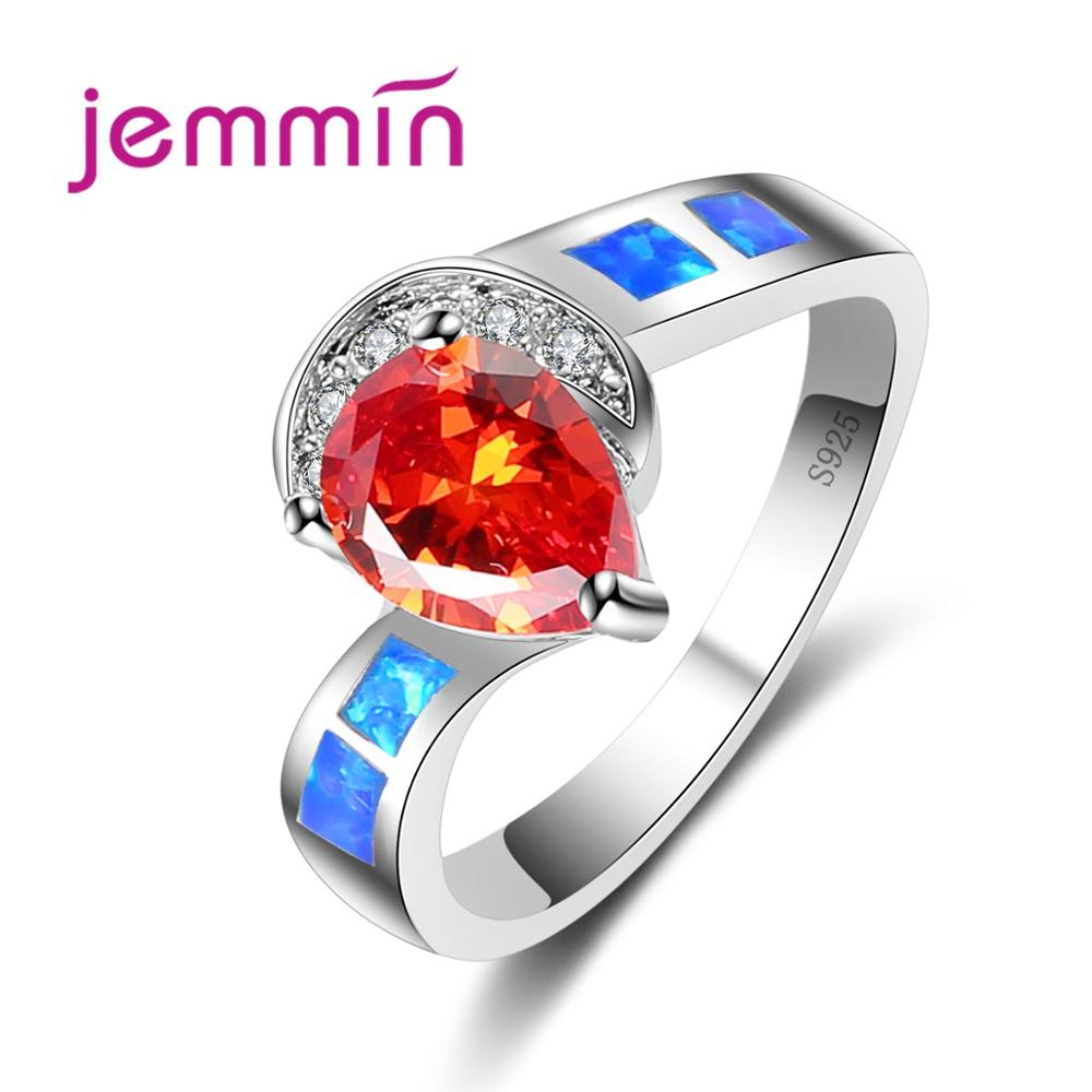 Jammin Red Crystal Oval Ring Fine Fashion Water Droping Cut Ring S925 Sterling Sliver Blue Charming Opal Bague.