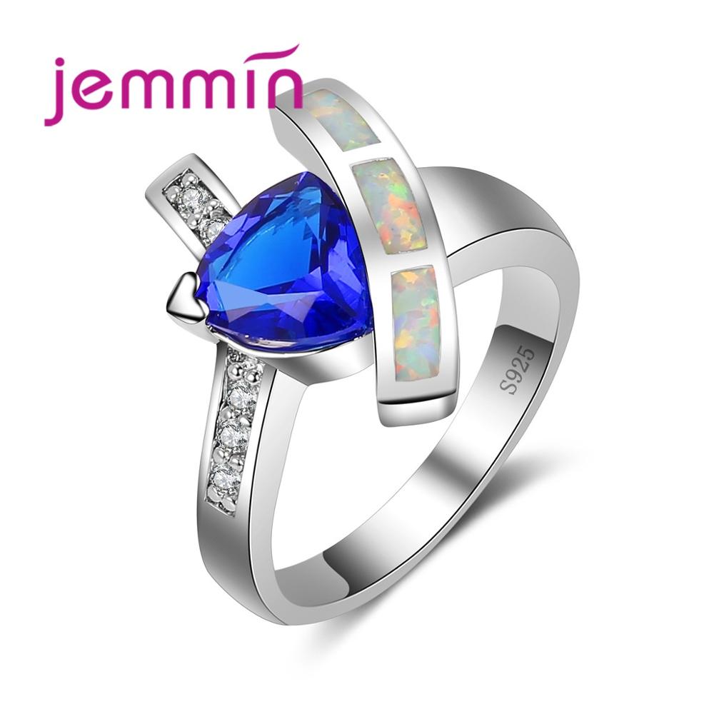 Jammin S925 Sterling Sliver Ring With Arrow Through Design Halo Blue Crystal And White Rhinestone Ring For Weeding Party