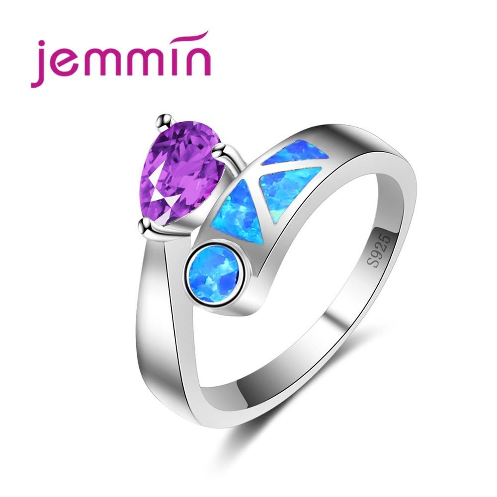 Jammin Water Drop Rhinstone Crystal Blue Fire Opal Opening Ring S925 Sterling Sliver Ring Crossing Fine Ring For Girls