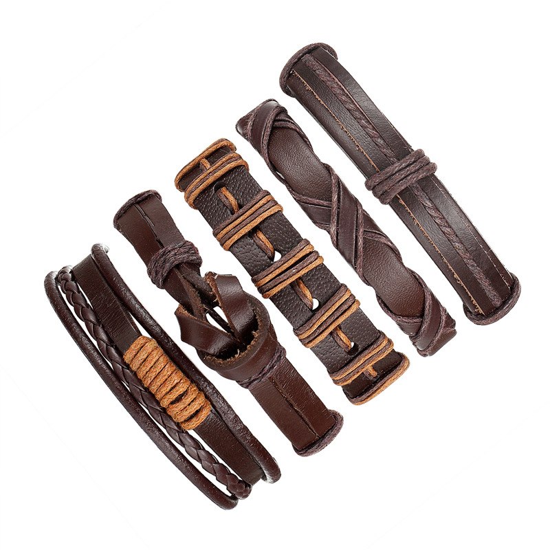 1 Set 5pcs Fashion Multiple Layers Punk Leather Bracelets Men Classic Rope Chain Charms Bracelet For Men Pulseras Gifts