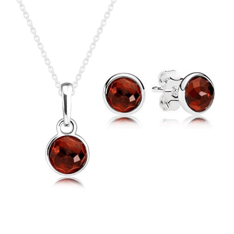 January Droplet Necklace Stud Earrings 100% 925 Sterling Silver Garnet Jewelry Set for Women Gift DIY Fine Jewelry PFS5061