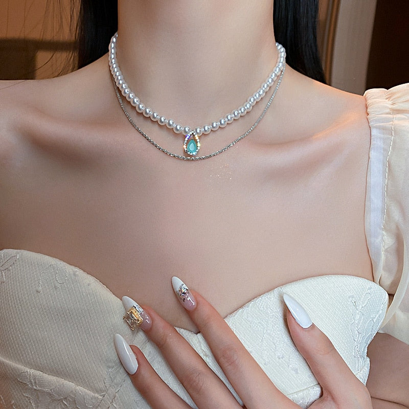 Japan And South Korea Tide Overlapping Neck Chain Clavicle Freshwater Pearl Water Drop Zircon Double-layer Necklace
