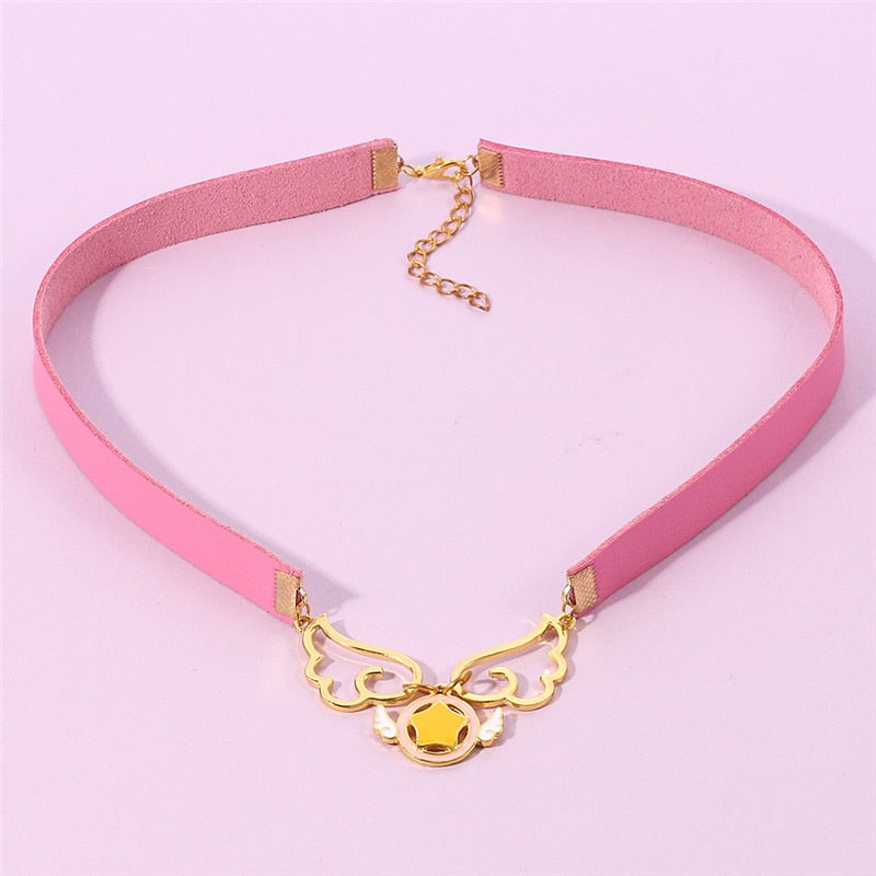 Japan Anime Choker Necklace Two Color Magic Card Cherry Wing Five-Pointed Star Pink Collar Necklace Beautiful Accessories