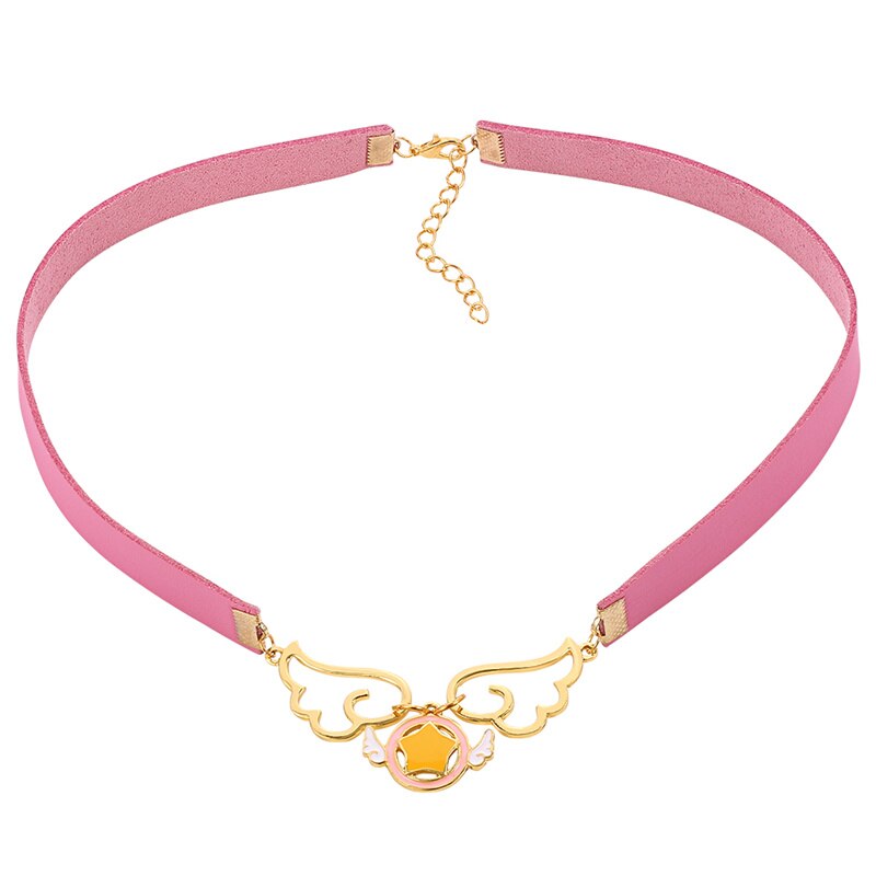 Japan Anime Choker Necklace Two Color Magic Card Cherry Wing Five-Pointed Star Pink Collar Necklace Beautiful Accessories