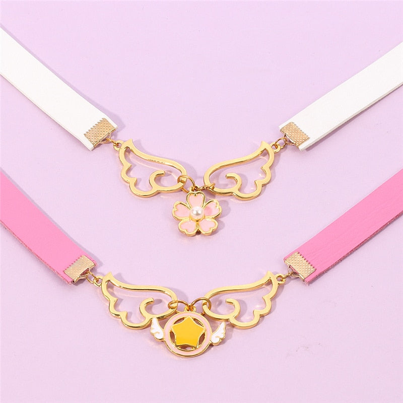 Japan Anime Choker Necklace Two Color Magic Card Cherry Wing Five-Pointed Star Pink Collar Necklace Beautiful Accessories