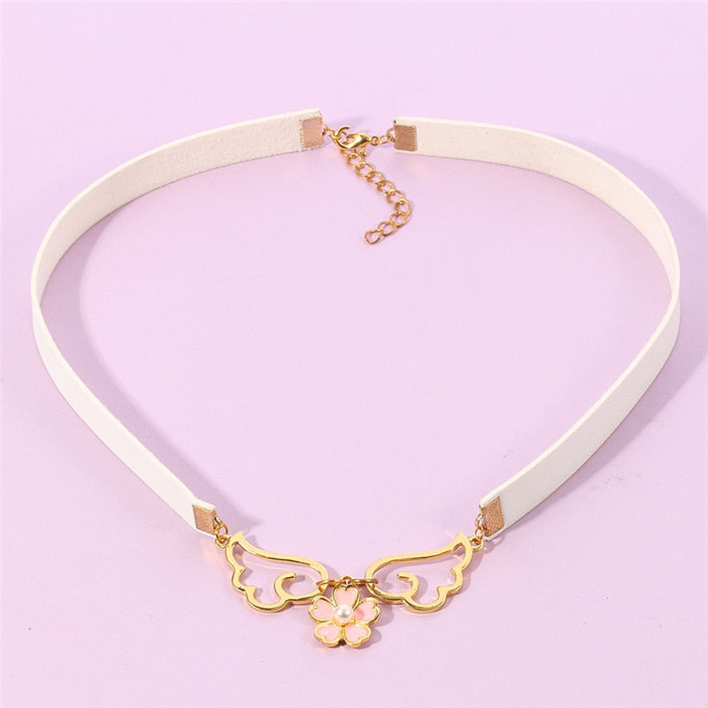 Japan Anime Choker Necklace Two Color Magic Card Cherry Wing Five-Pointed Star Pink Collar Necklace Beautiful Accessories