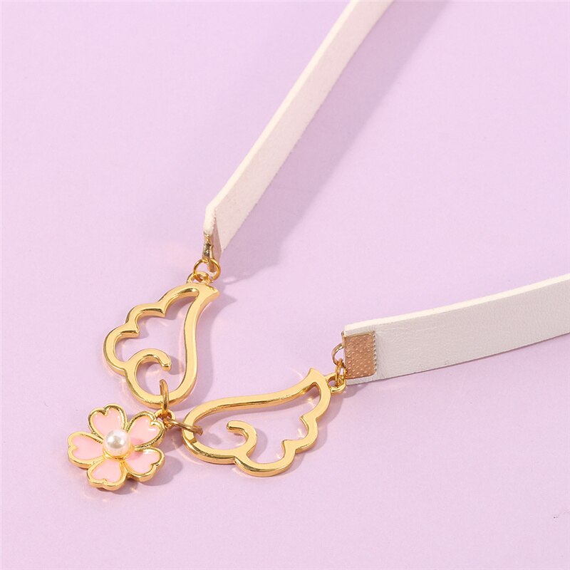 Japan Anime Choker Necklace Two Color Magic Card Cherry Wing Five-Pointed Star Pink Collar Necklace Beautiful Accessories