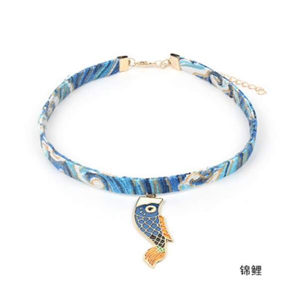 Japan Fabric Printed Flamingo Cloud Fans Summer Girls Woman Choker Vintage Clavicular Chain Short Necklace Jewelry-YY