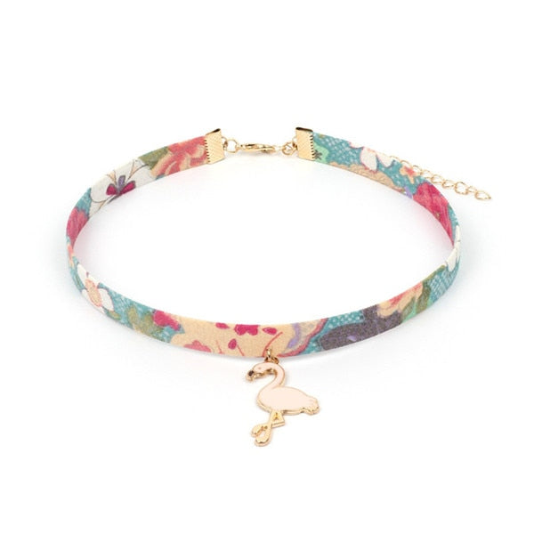 Japan Fabric Printed Flamingo Cloud Fans Summer Girls Woman Choker Vintage Clavicular Chain Short Necklace Jewelry-YY