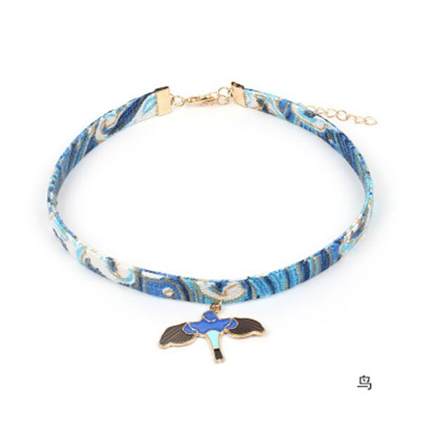 Japan Fabric Printed Flamingo Cloud Fans Summer Girls Woman Choker Vintage Clavicular Chain Short Necklace Jewelry-YY