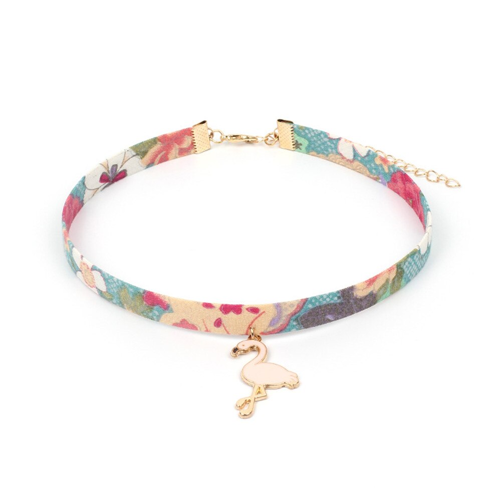 Japan Fabric Printed Flamingo Cloud Fans Summer Girls Woman Choker Vintage Clavicular Chain Short Necklace Jewelry-YY