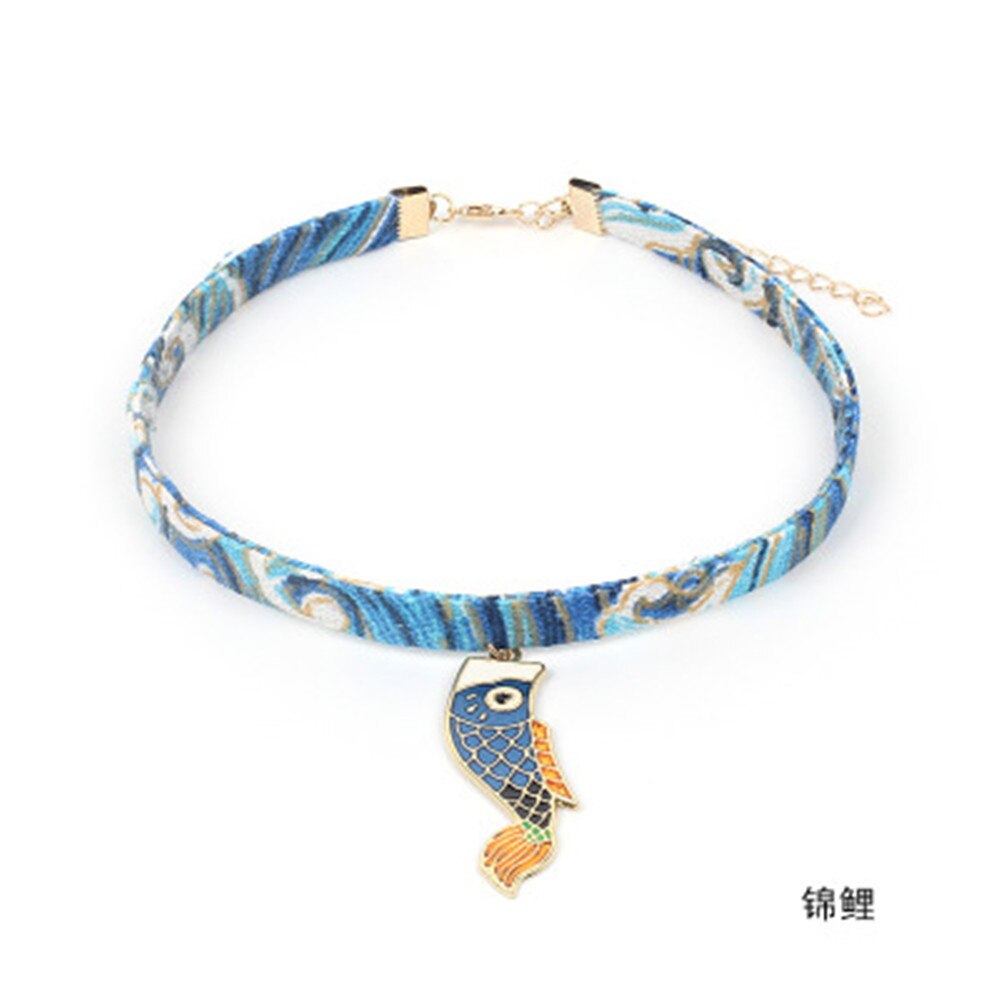 Japan Fabric Printed Flamingo Cloud Fans Summer Girls Woman Choker Vintage Clavicular Chain Short Necklace Jewelry-YY