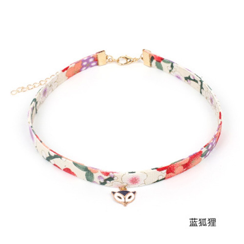 Japan Fabric Printed Fox Cat Hands Summer Girls Woman Choker Vintage Clavicular Chain Short Necklace Jewelry-YY