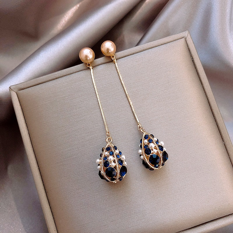 Japan Korean design jewelry elegant water droplets hollow crystal earrings long gold chain earrings for women