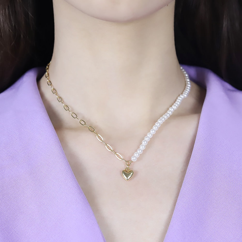 Japan and Korea Pearl Love Pendant Necklace Simple Trendy Asymmetric Clavicle Chain Punk Choker Necklace Woman Jewelry Gift