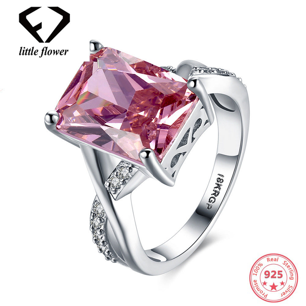 Japan and South Korea Popular Pink Big Zircon Rings for Women Fine Jewelry Geometric Type trendy Hand Ornaments Platinum Surface