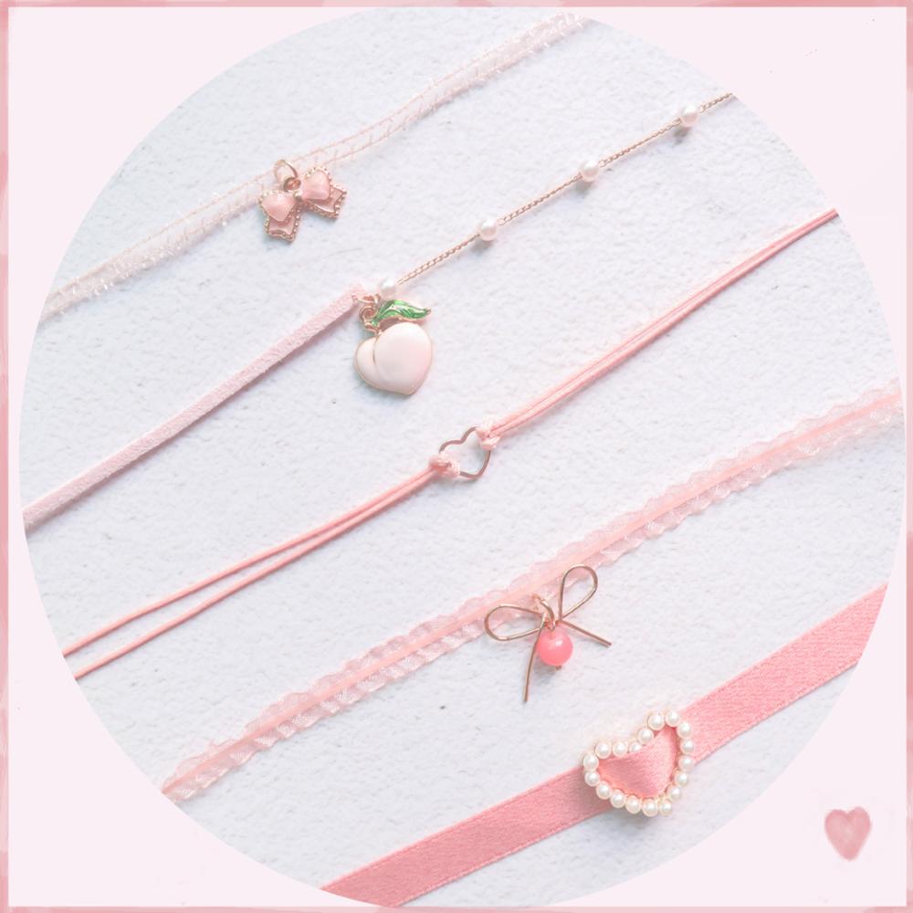 Japanese Korea Style Pink Peach Heart Short Choker Clavicle Necklaces Pearl Bowknot Cute Lace Pendant For Girl Kawai Jewelry