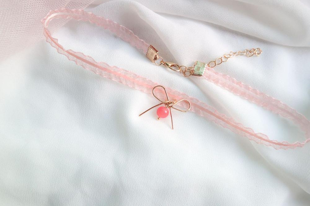Japanese Korea Style Pink Peach Heart Short Choker Clavicle Necklaces Pearl Bowknot Cute Lace Pendant For Girl Kawai Jewelry
