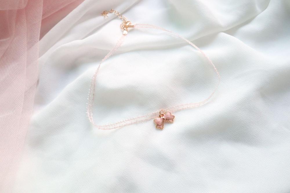 Japanese Korea Style Pink Peach Heart Short Choker Clavicle Necklaces Pearl Bowknot Cute Lace Pendant For Girl Kawai Jewelry