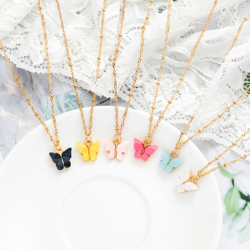 Japanese and Korean Sweet Butterfly Necklace Acrylic Colorful Sweet Women's Versatile Clavicle Chain Personal Hipster Necklace