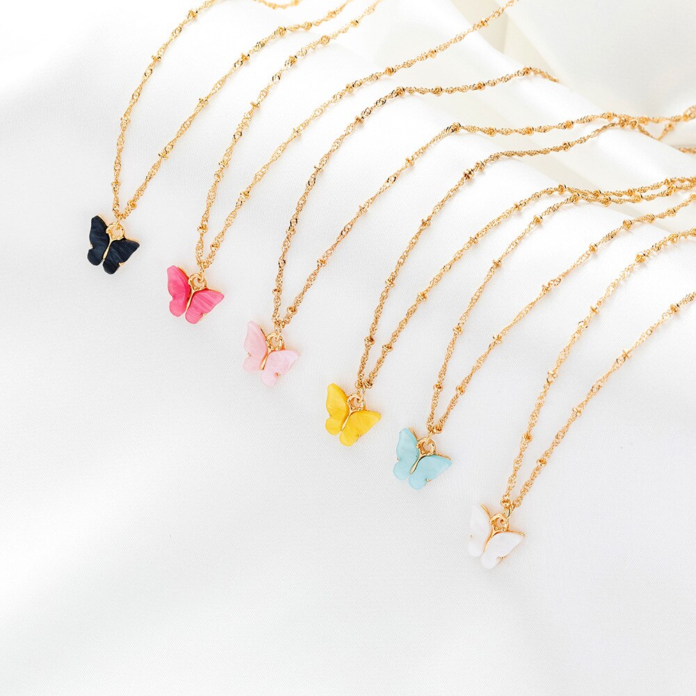 Japanese and Korean Sweet Butterfly Necklace Acrylic Colorful Sweet Women's Versatile Clavicle Chain Personal Hipster Necklace