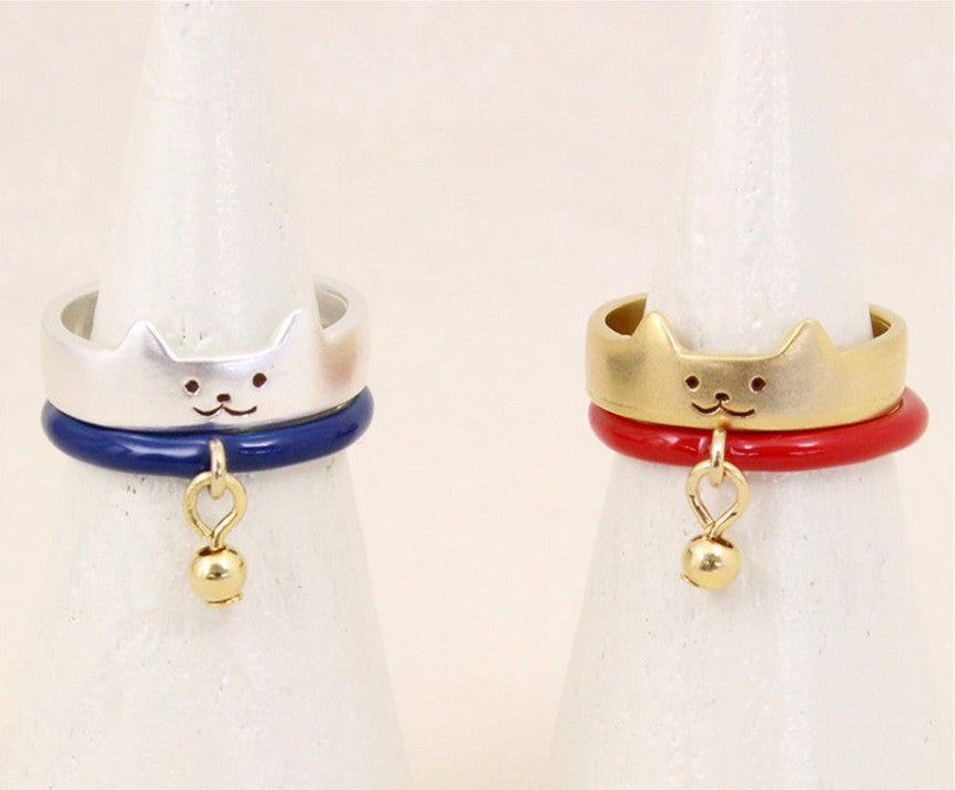 Japanese fashion gold/silver lovely cat enamel ring with pendant midi finger ring sets for women jewelry anillos de mujeres