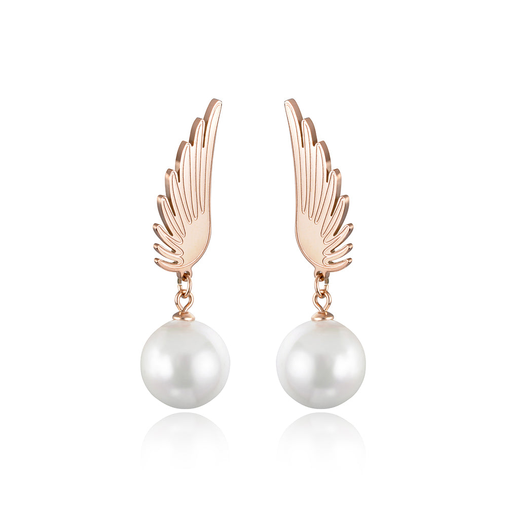 JeeMango Classic Titanium Steel Angel Wings Earrings Jewelry Rose Gold Simulated Pearl Wedding Stud Earrings For Women E18035