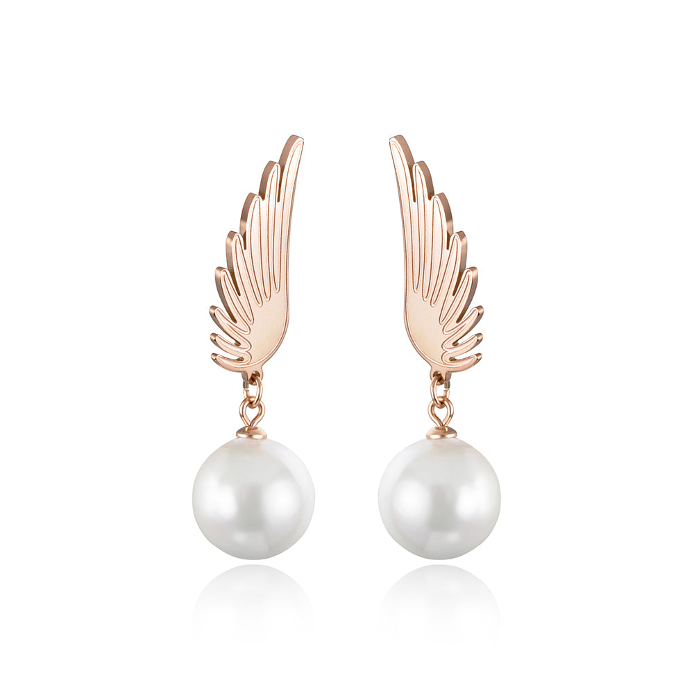 JeeMango Classic Titanium Steel Angel Wings Earrings Jewelry Rose Gold Simulated Pearl Wedding Stud Earrings For Women E18035