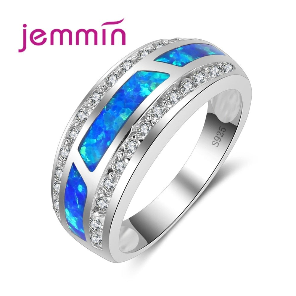 2 Rows Rhinestone Silver Rings For Women S925 Stamped Sterling Blue Fire Opal Finger Ring Fine Bridal Wedding Jewelry