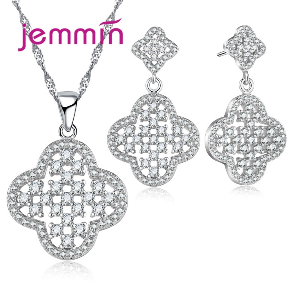 4 Leaf Clover Shape Full Clear Crystal Statement Necklace Stud Earrings Set For Women Wedding Engagement Silver Jewelry