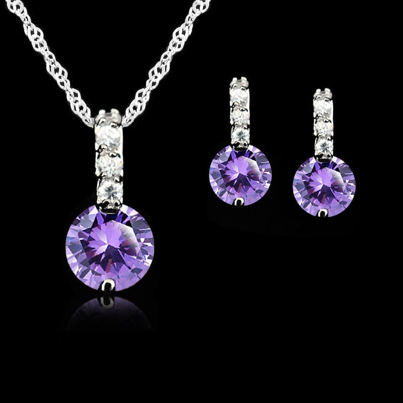 7Colors 925 Silver Jewelry Sets For Women Bridal Wedding Austrian Crystal Pendants Necklace Earrings Set For Female