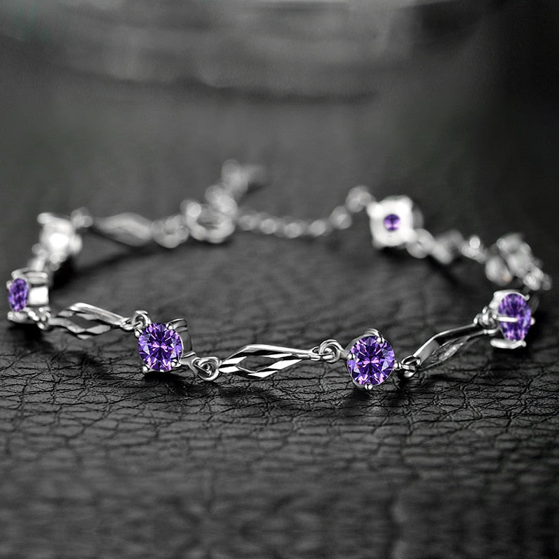 925 Fine Jewelry Sterling Silver Bangle Bracelets For Women With Amethyst High Quality Link Bracelet