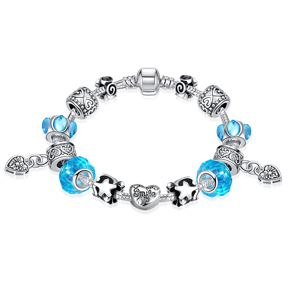925 Silver Charm Bracelet for Women Fashion DIY Bell Blue Crystal Beaded Jewelry Bracelets Vintage Antique Silver