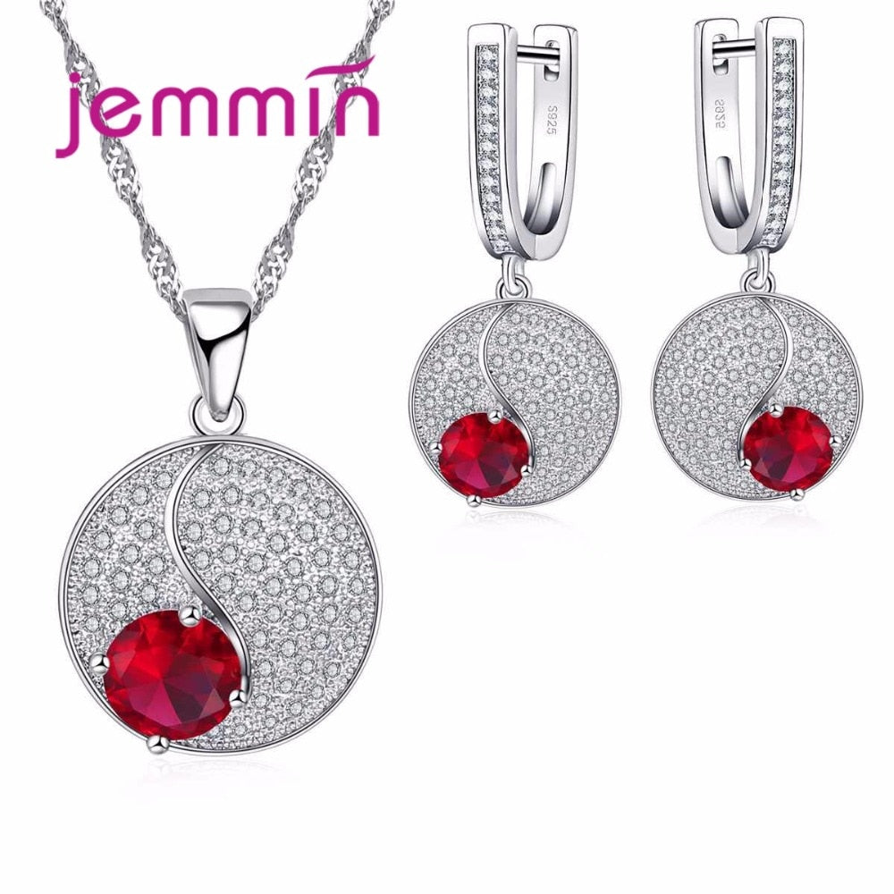 925 Silver Wedding Jewelry Set For Brides Accessory Red Crystal Statement Necklaces And Earrings Sets Woman Engagement