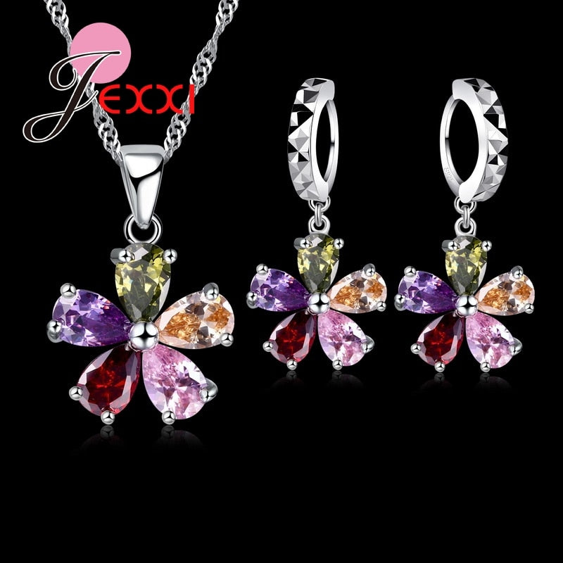 925 Sterling Five Petaled Flowers Shinning Colorful Crystal Pendant Jewelry Sets Gift Necklace Dangle/Hoop Earring Sets