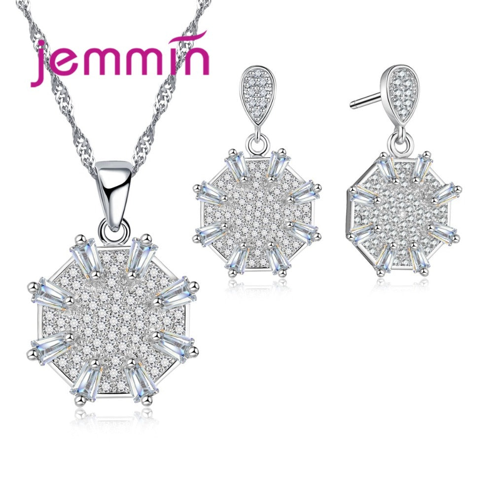 925 Sterling Silver Geometric Jewelry Sets For Lady Brand Women CZ Crystal Pendant Necklace Drop Earrings Set For Party