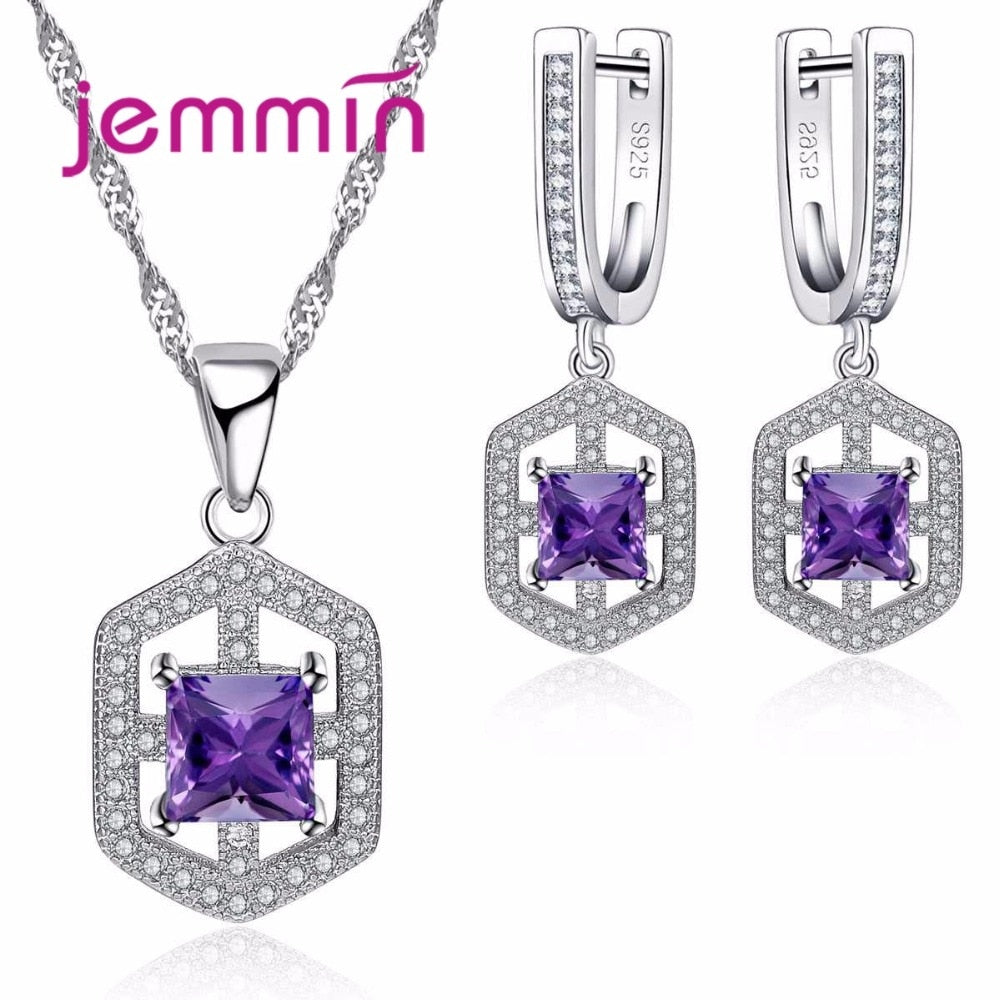 925 Sterling Silver Purple & White Crystal Jewelry Sets for Women Wedding Geometric Earrings/Necklace/Pendant Jewelry