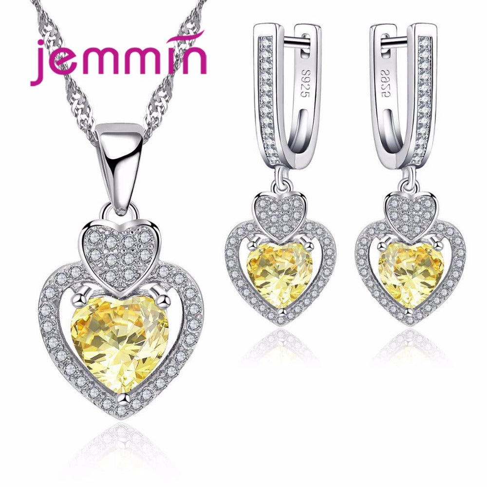 925 Sterling Silver Vintage Jewelry Sets For Women Wedding Romantic Heart Crystal Necklaces Earrings Set Valentine Day