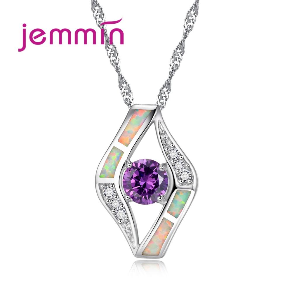 925 Sterling Silver White Opal Pendants Necklaces Fine Women Wedding Jewelry Crystal Rhinestone Necklace For Female
